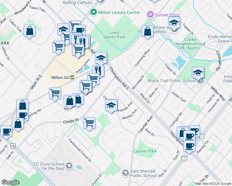 map of restaurants, bars, coffee shops, grocery stores, and more near 265 Randall Crescent in Milton