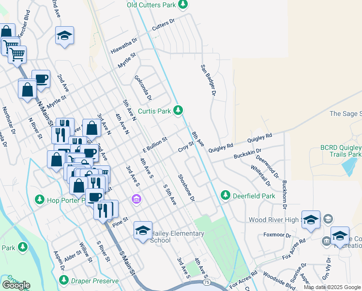 map of restaurants, bars, coffee shops, grocery stores, and more near 620 East Bullion Street in Hailey