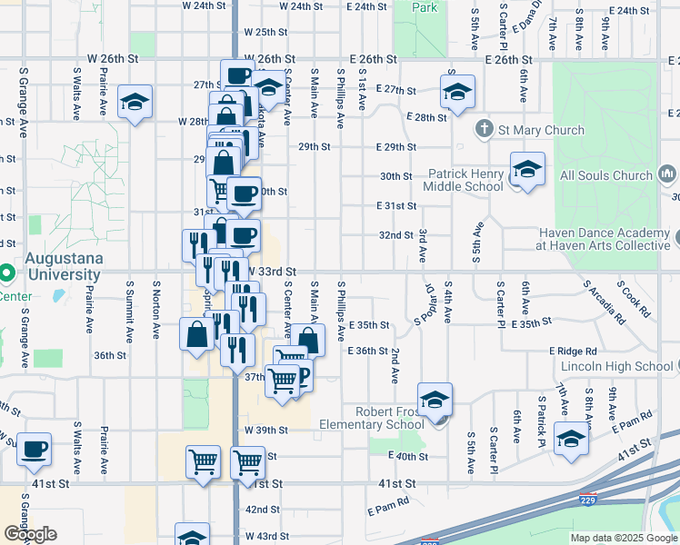 map of restaurants, bars, coffee shops, grocery stores, and more near 105 West 33rd Street in Sioux Falls