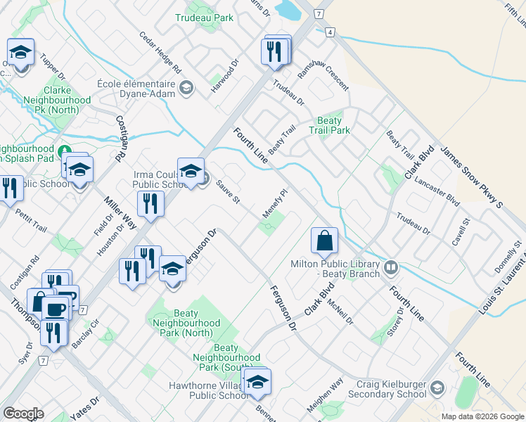 map of restaurants, bars, coffee shops, grocery stores, and more near in Milton