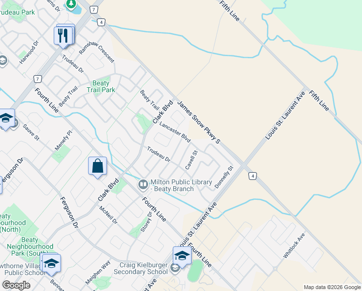 map of restaurants, bars, coffee shops, grocery stores, and more near 1600 Stevenson Street in Milton