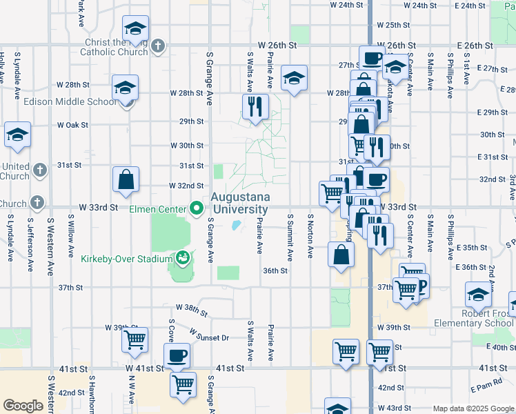 map of restaurants, bars, coffee shops, grocery stores, and more near 1009 West 33rd Street in Sioux Falls