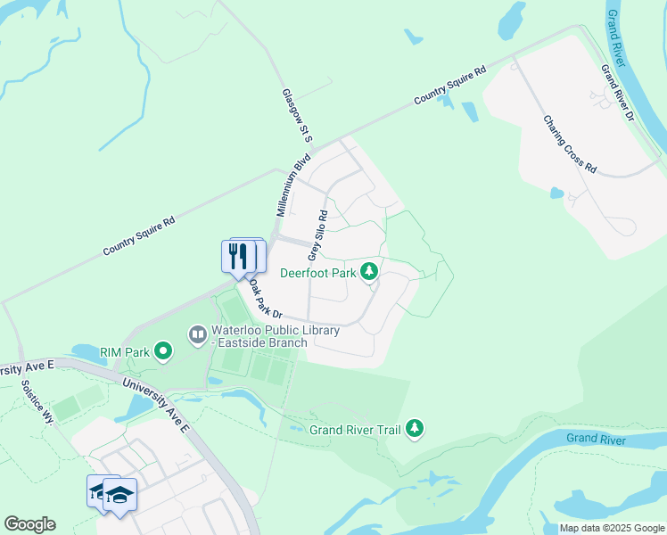 map of restaurants, bars, coffee shops, grocery stores, and more near 365 Deerfoot Trail in Waterloo