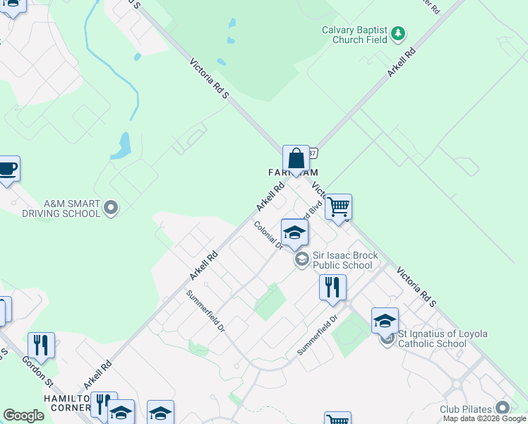 map of restaurants, bars, coffee shops, grocery stores, and more near 2 Colonial Drive in Guelph