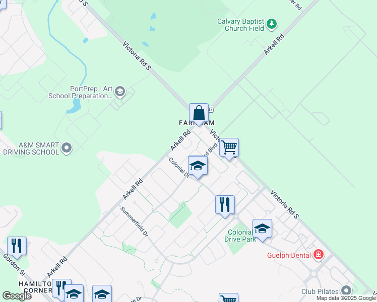 map of restaurants, bars, coffee shops, grocery stores, and more near 36 Clough Crescent in Guelph