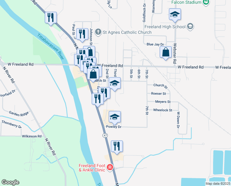 map of restaurants, bars, coffee shops, grocery stores, and more near 307 Third Street in Freeland