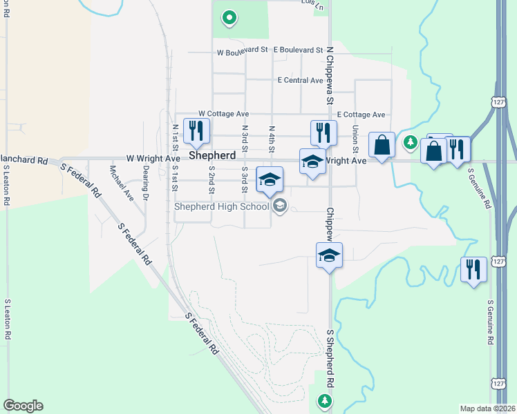 map of restaurants, bars, coffee shops, grocery stores, and more near 100-198 W Hall St in Shepherd