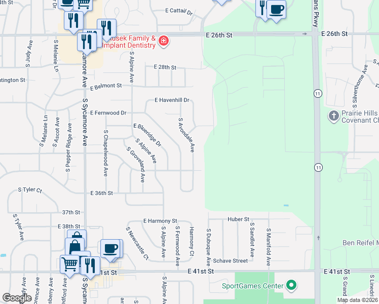 map of restaurants, bars, coffee shops, grocery stores, and more near 4912-5298 E Fernwood Dr in Sioux Falls