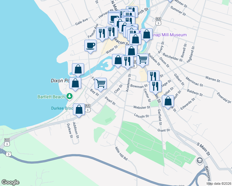 map of restaurants, bars, coffee shops, grocery stores, and more near 21 Clay Street in Laconia