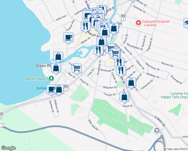 map of restaurants, bars, coffee shops, grocery stores, and more near 61 Academy Street in Laconia