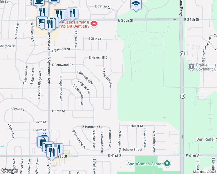 map of restaurants, bars, coffee shops, grocery stores, and more near 4912-5298 E Fernwood Dr in Sioux Falls
