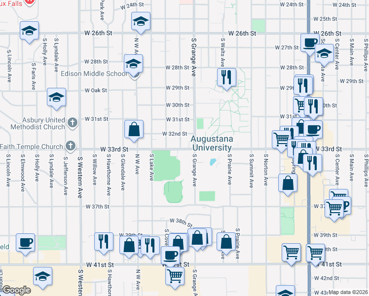 map of restaurants, bars, coffee shops, grocery stores, and more near 2409 South Euclid Avenue in Sioux Falls