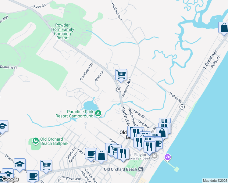 map of restaurants, bars, coffee shops, grocery stores, and more near 3 Seaglass Terrace in Old Orchard Beach