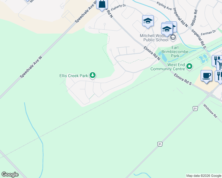 map of restaurants, bars, coffee shops, grocery stores, and more near Curzon Crescent in Guelph