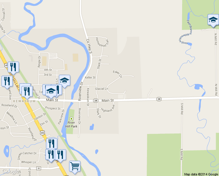 map of restaurants, bars, coffee shops, grocery stores, and more near 707 Drumlin Drive in Kewaskum