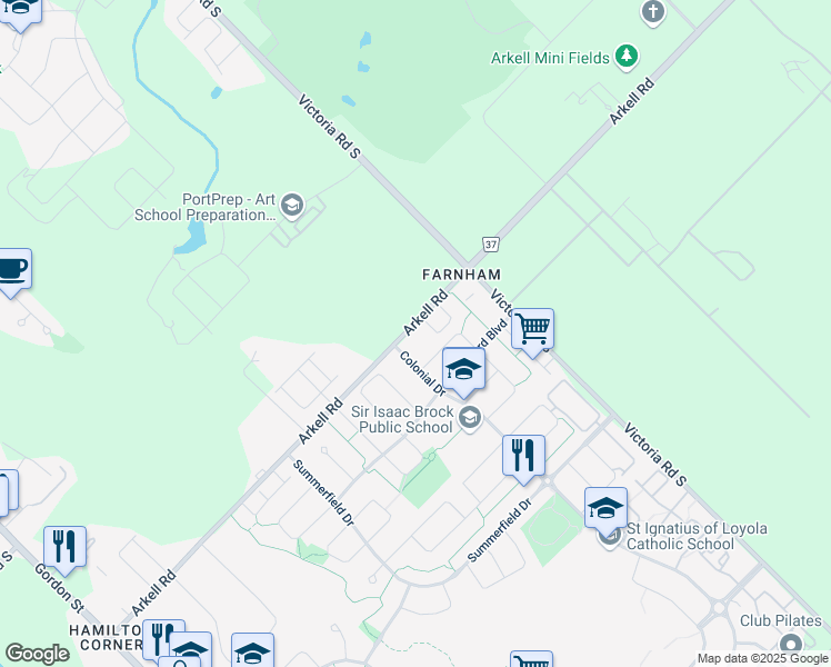 map of restaurants, bars, coffee shops, grocery stores, and more near 2 Colonial Drive in Guelph