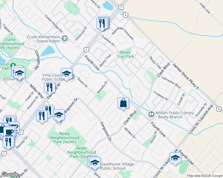 map of restaurants, bars, coffee shops, grocery stores, and more near 754 Fourth Line in Milton