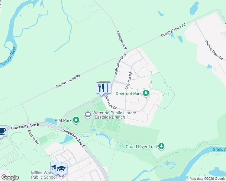 map of restaurants, bars, coffee shops, grocery stores, and more near 2-105 Oak Park Drive in Waterloo