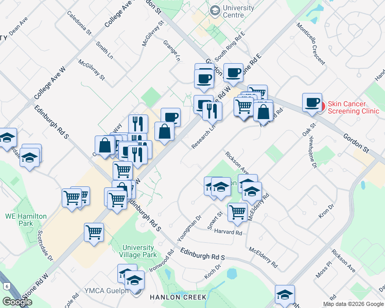 map of restaurants, bars, coffee shops, grocery stores, and more near 150 Research Lane in Guelph