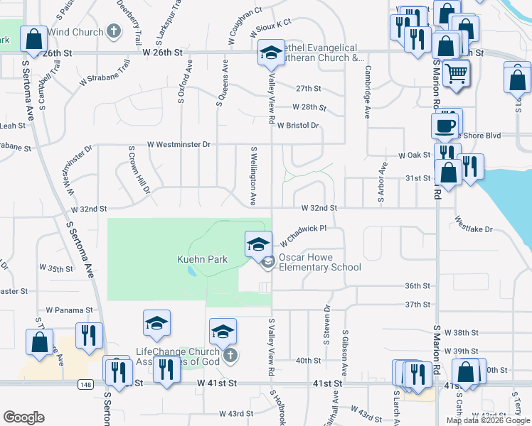 map of restaurants, bars, coffee shops, grocery stores, and more near 6001 West 32nd Street in Sioux Falls