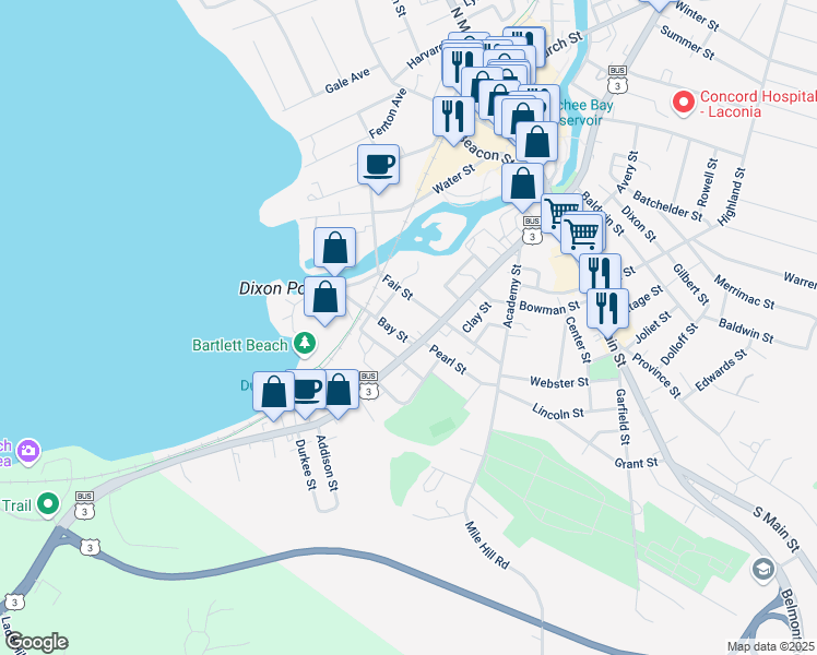 map of restaurants, bars, coffee shops, grocery stores, and more near 27 Bay Street in Laconia