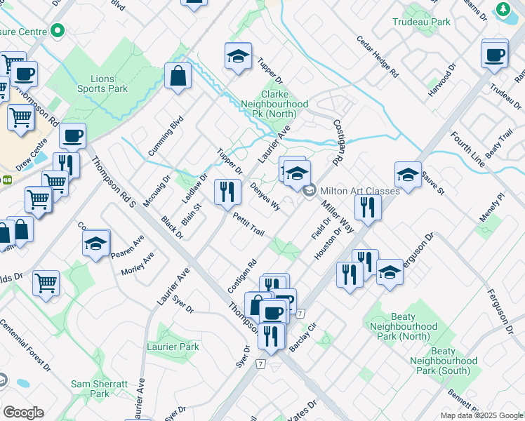 map of restaurants, bars, coffee shops, grocery stores, and more near 1248 McMullen Crescent in Milton