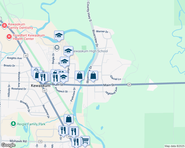 map of restaurants, bars, coffee shops, grocery stores, and more near 1350 Kewaskum Street in Kewaskum