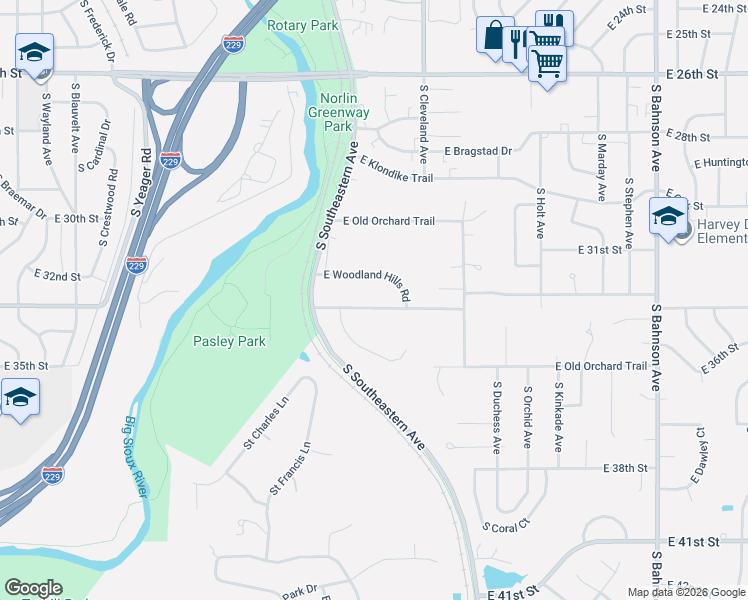 map of restaurants, bars, coffee shops, grocery stores, and more near 2656-2798 E 33rd St in Sioux Falls