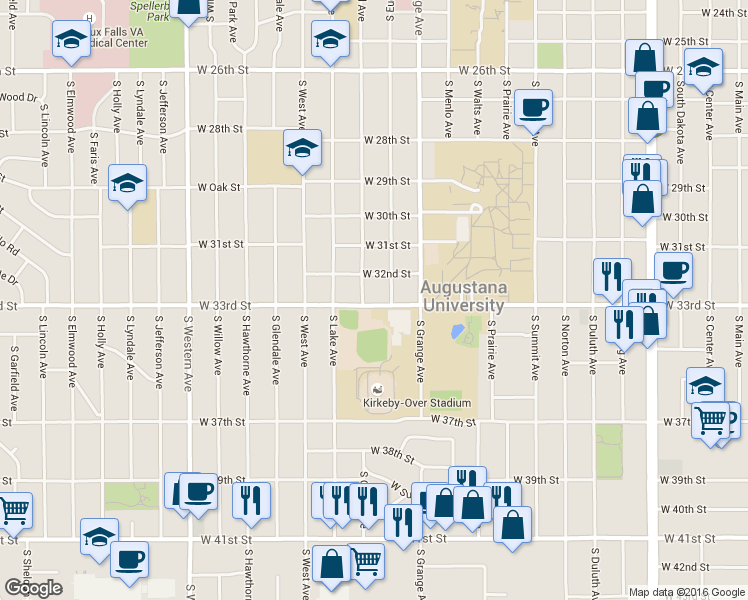 map of restaurants, bars, coffee shops, grocery stores, and more near 2409 South Euclid Avenue in Sioux Falls