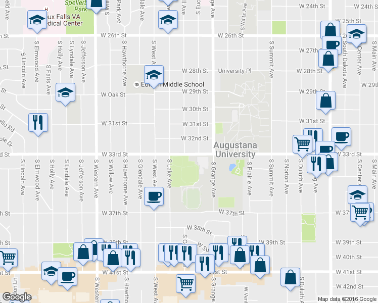map of restaurants, bars, coffee shops, grocery stores, and more near 2411 South Covell Avenue in Sioux Falls