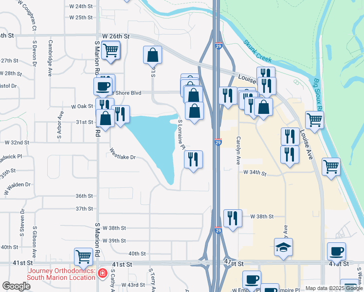map of restaurants, bars, coffee shops, grocery stores, and more near 2400 South Lorraine Drive in Sioux Falls