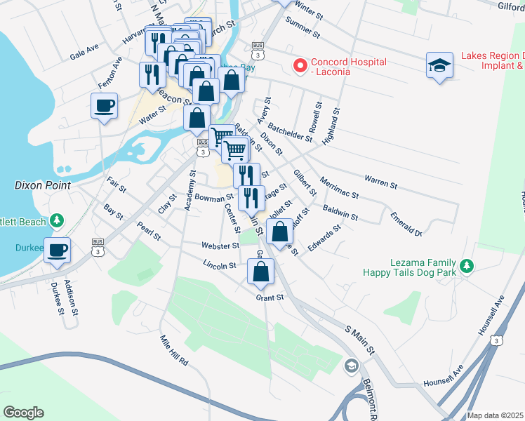 map of restaurants, bars, coffee shops, grocery stores, and more near 309 South Main Street in Laconia