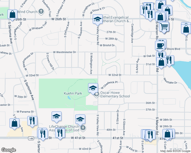 map of restaurants, bars, coffee shops, grocery stores, and more near 6001 West 32nd Street in Sioux Falls