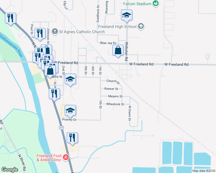 map of restaurants, bars, coffee shops, grocery stores, and more near 905 Roeser Street in Freeland
