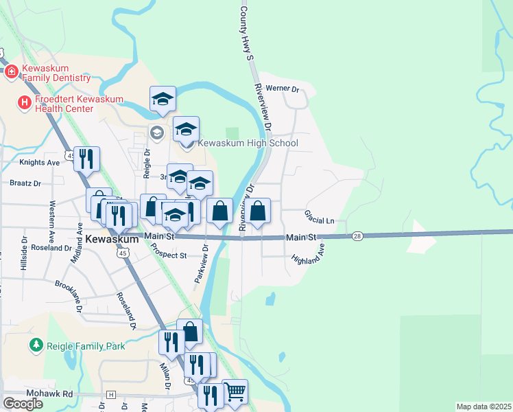 map of restaurants, bars, coffee shops, grocery stores, and more near 1350 Kewaskum Street in Kewaskum