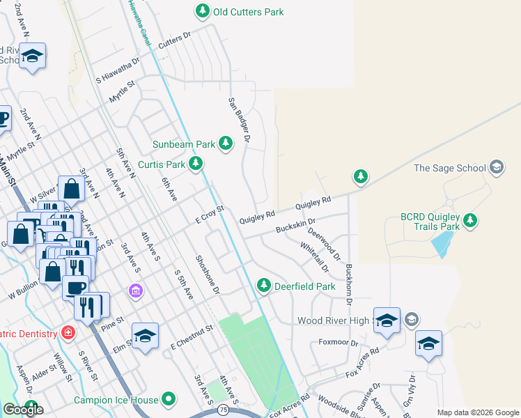 map of restaurants, bars, coffee shops, grocery stores, and more near 800-932 National Forest Development Road 115 in Hailey