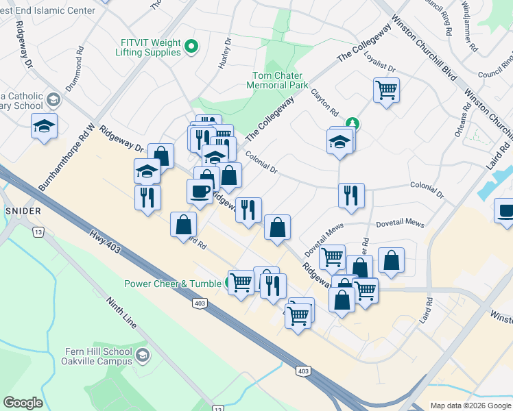 map of restaurants, bars, coffee shops, grocery stores, and more near 3375 Fenwick Crescent in Mississauga