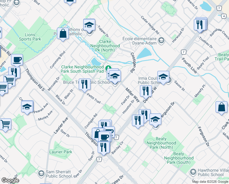 map of restaurants, bars, coffee shops, grocery stores, and more near Costigan Road in Milton