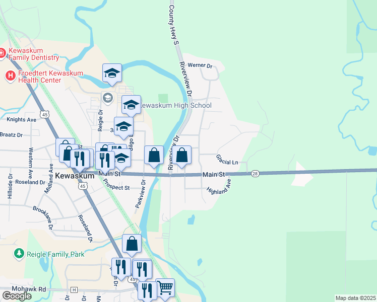 map of restaurants, bars, coffee shops, grocery stores, and more near 1350 Kewaskum Street in Kewaskum