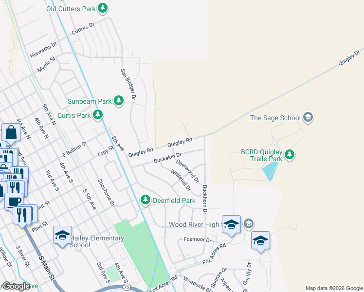map of restaurants, bars, coffee shops, grocery stores, and more near 1114 National Forest Development Road 115 in Hailey