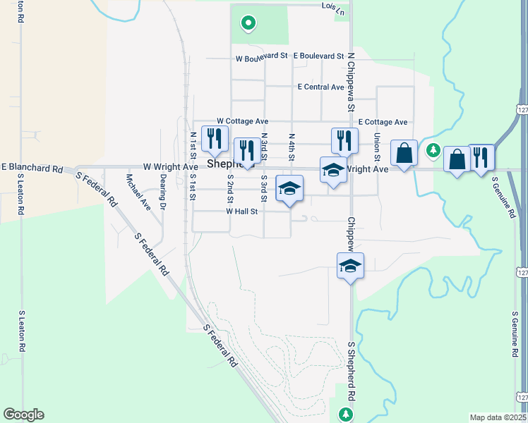 map of restaurants, bars, coffee shops, grocery stores, and more near 198 W Hall St in Shepherd