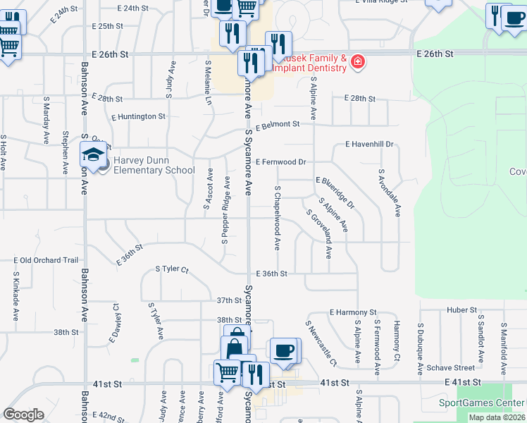 map of restaurants, bars, coffee shops, grocery stores, and more near 4500 East 33rd Street in Sioux Falls