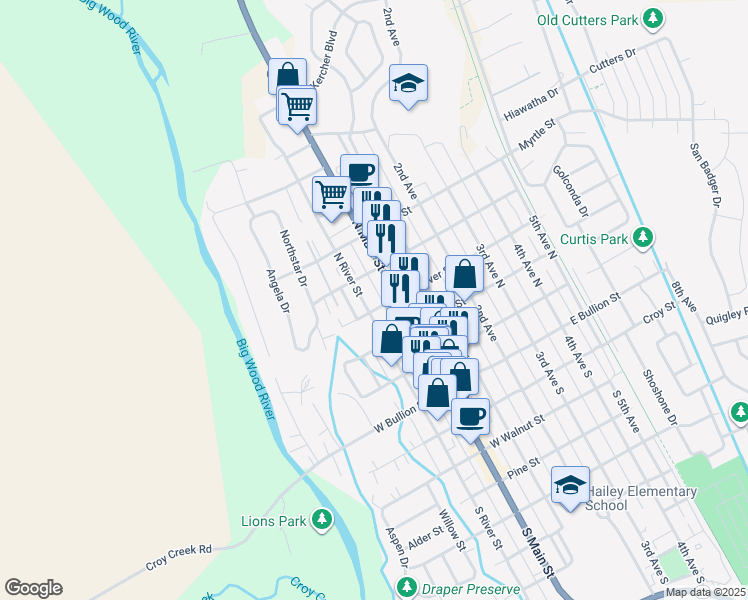 map of restaurants, bars, coffee shops, grocery stores, and more near 403 North Main Street in Hailey