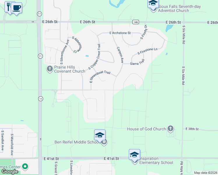 map of restaurants, bars, coffee shops, grocery stores, and more near 2509 South Durango Circle in Sioux Falls