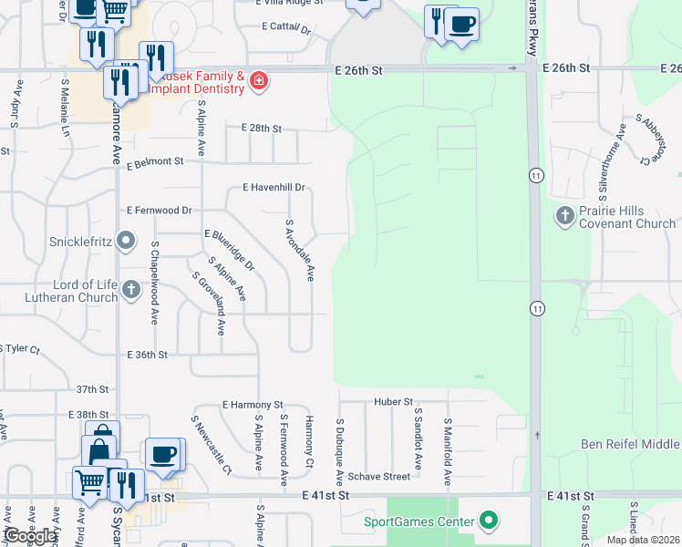 map of restaurants, bars, coffee shops, grocery stores, and more near 2484-2698 S Avondale Ave in Sioux Falls