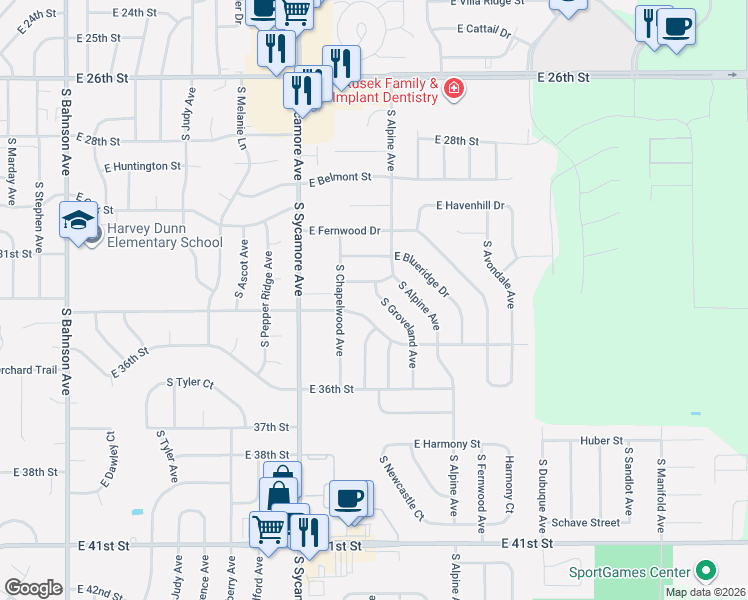 map of restaurants, bars, coffee shops, grocery stores, and more near 2508 South Groveland Avenue in Sioux Falls