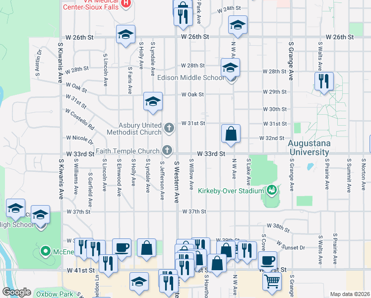 map of restaurants, bars, coffee shops, grocery stores, and more near 2000 West 33rd Street in Sioux Falls