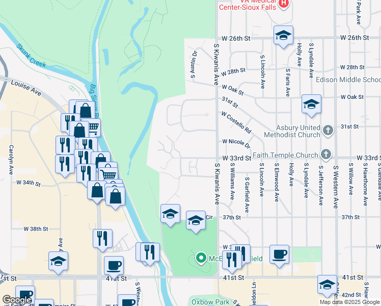 map of restaurants, bars, coffee shops, grocery stores, and more near 2904 West 33rd Street in Sioux Falls