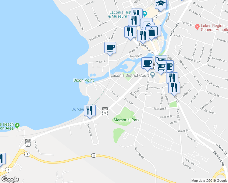 map of restaurants, bars, coffee shops, grocery stores, and more near 27 Bay Street in Laconia