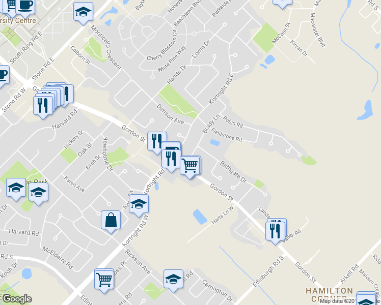 map of restaurants, bars, coffee shops, grocery stores, and more near 16 Brady Lane in Guelph